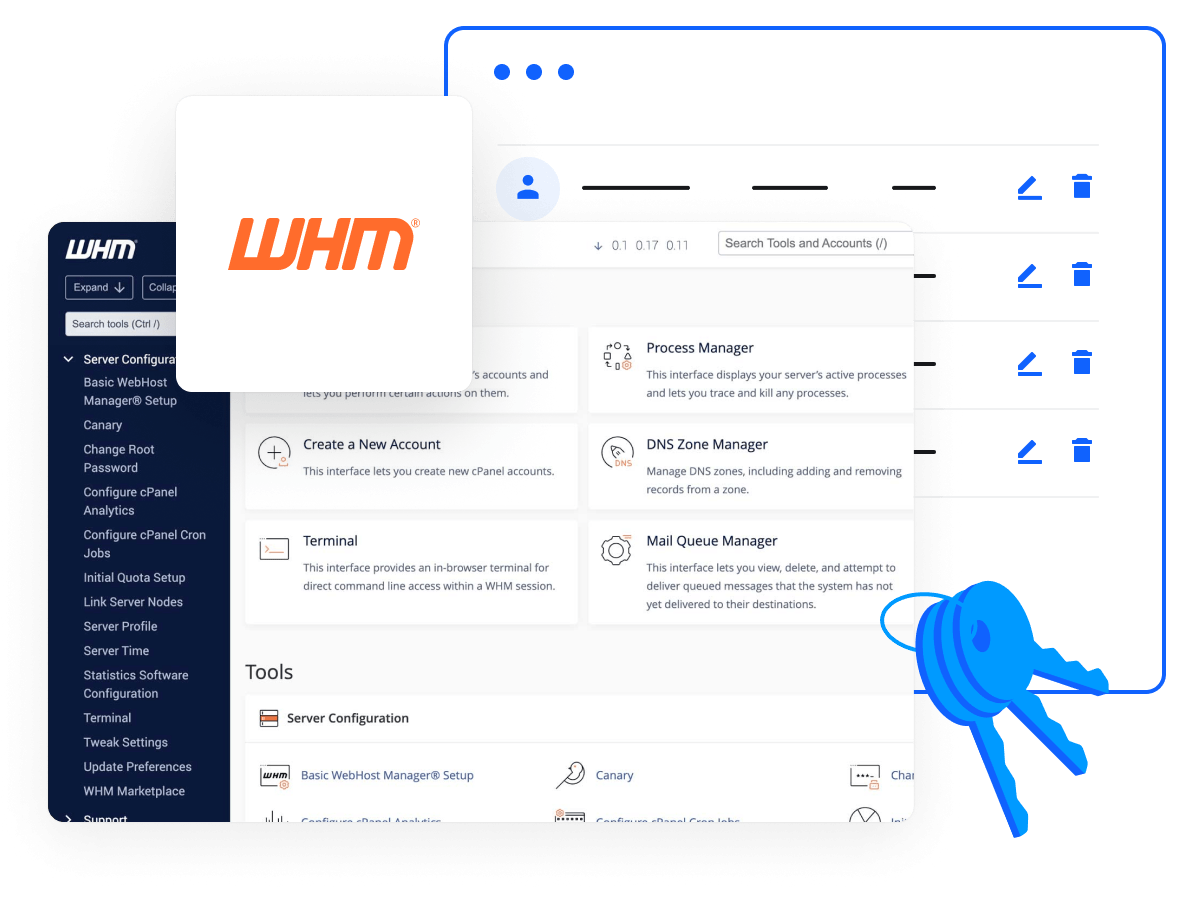 WHM control panel managing client hosting accounts